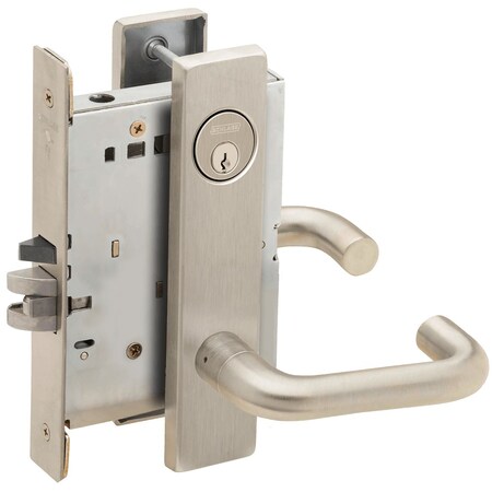 Schlage Grade 1 Storeroom Mortise Lock, Conventional Cylinder, S123 Keyway, 03 Lever, L Escutcheon, Satin Ni L9080P 03L 619